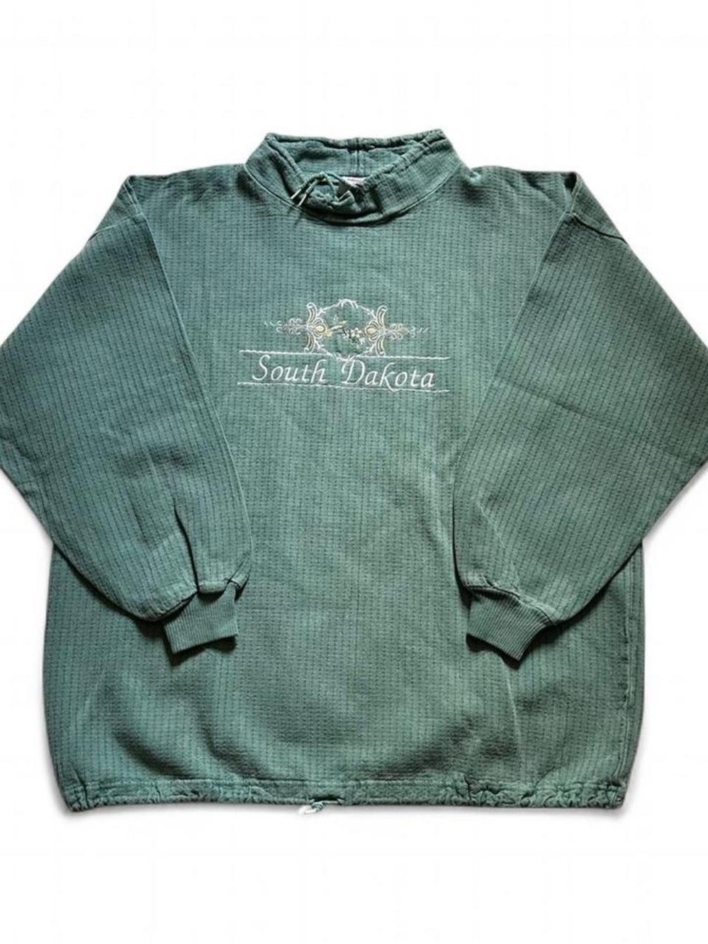 Vintage 1990s South Dakota Embroidered Mock-Neck Waffle Knit Sweater - Green XXL